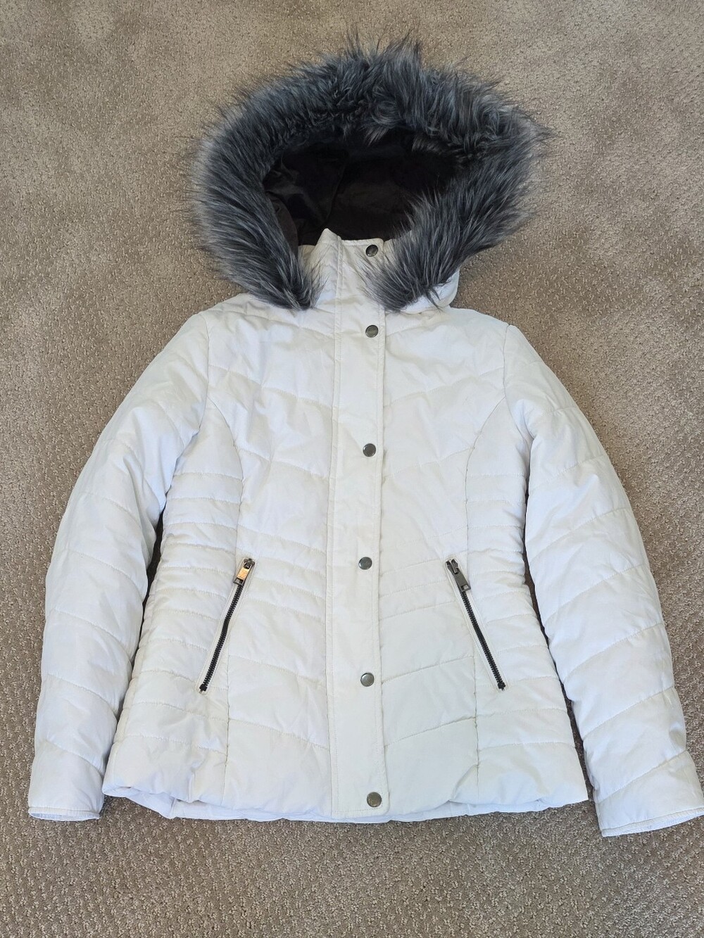 Maralyn & Me White Quilted Hooded Puffer with Faux Fur Trim